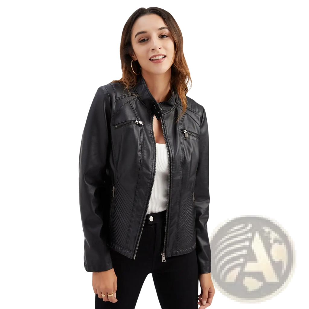 Black faux leather moto jacket with silver zippers and subtle textured panels in a quilted slim fit design