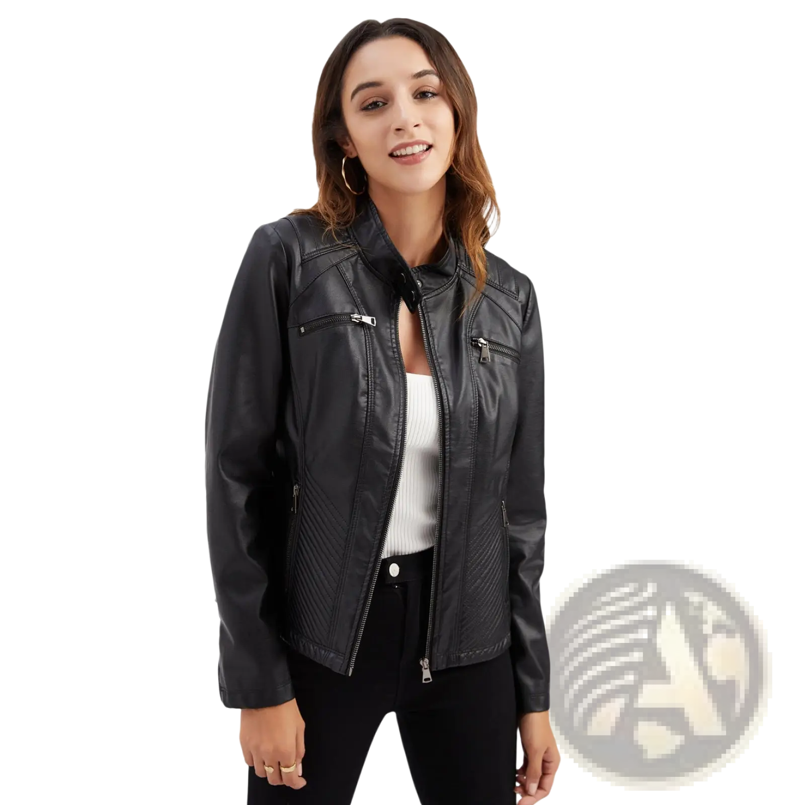 Black faux leather moto jacket with silver zippers and subtle textured panels in a quilted slim fit design
