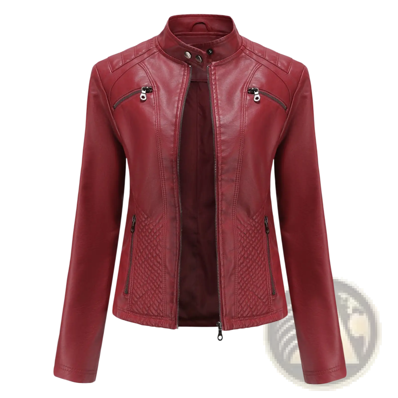 A rich burgundy faux leather moto jacket with quilted paneling and silver-toned zippers slim fit outerwear