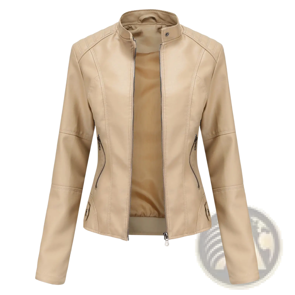 Beige faux leather moto jacket with slim fit stand collar and zippered pockets for a stylish casual look