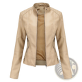 Beige faux leather moto jacket with slim fit stand collar and zippered pockets for a stylish casual look