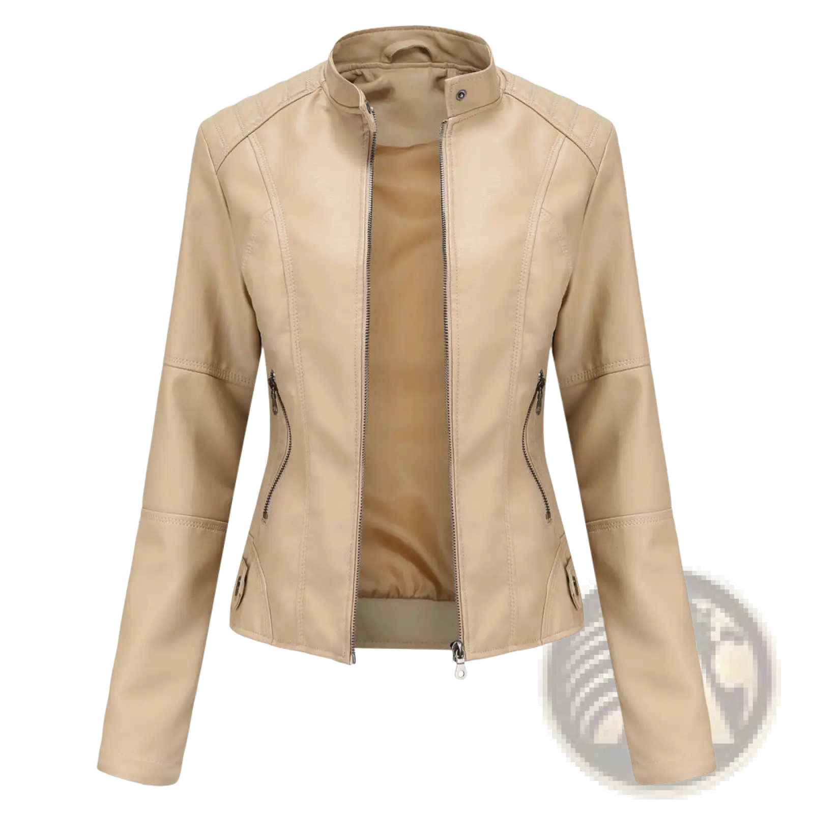 Beige faux leather moto jacket with slim fit stand collar and zippered pockets for a stylish casual look