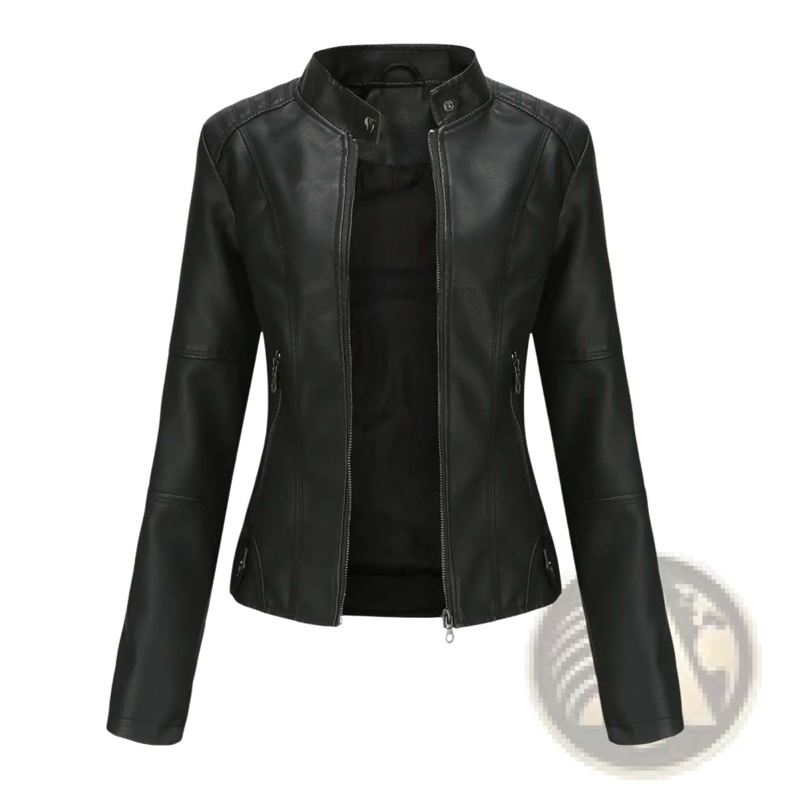 Black faux leather moto jacket slim fit with stand collar and front zipper for a sleek stylish look