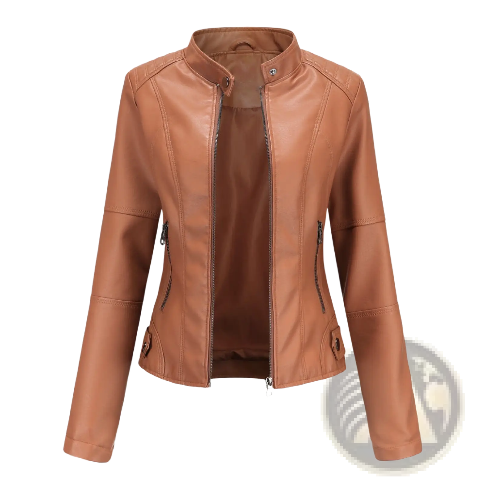 Tan faux leather moto jacket with slim fit, stand collar, and zippered pockets for a stylish and functional look