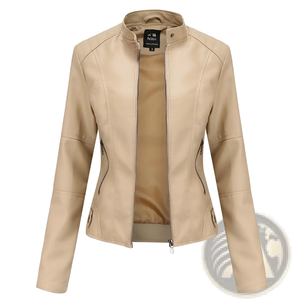 Beige faux leather moto jacket slim fit with stand collar and zippered pockets for a stylish outerwear look