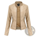Beige faux leather moto jacket slim fit with stand collar and zippered pockets for a stylish outerwear look