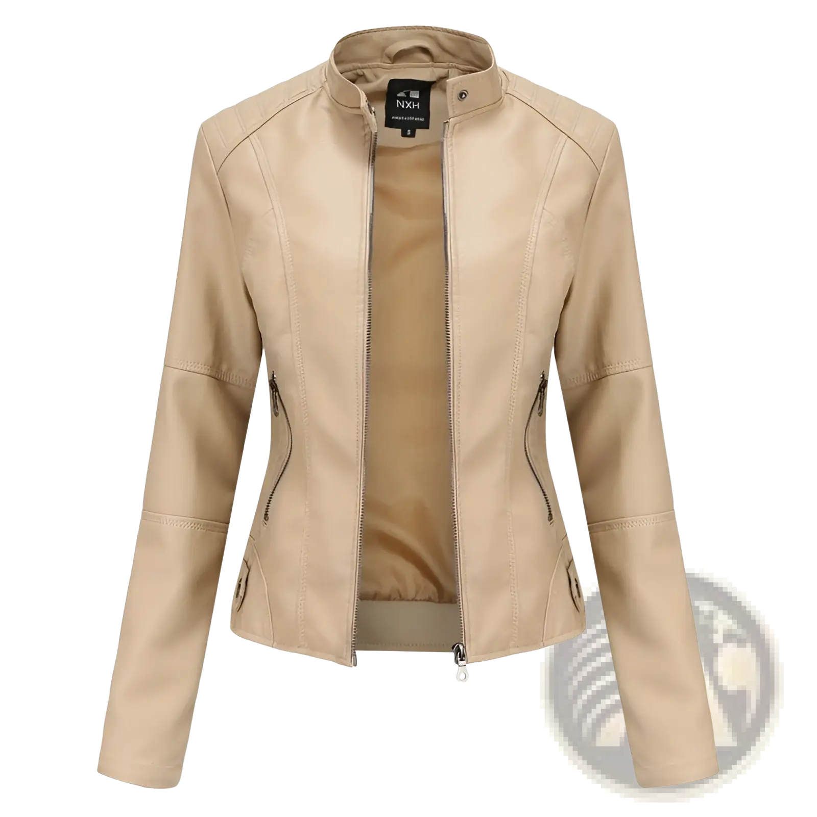 Beige faux leather moto jacket slim fit with stand collar and zippered pockets for a stylish outerwear look