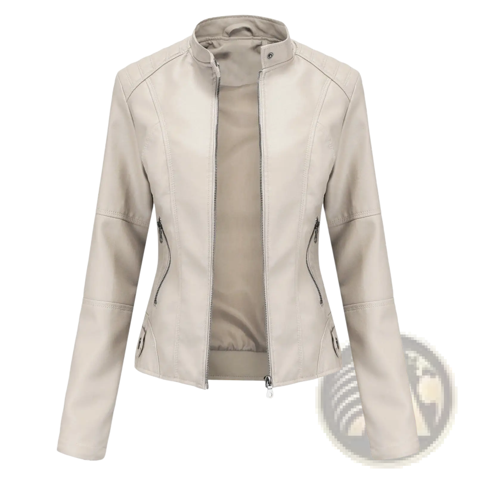 Beige faux leather slim fit moto jacket with zippered pockets and a stand collar for stylish outerwear