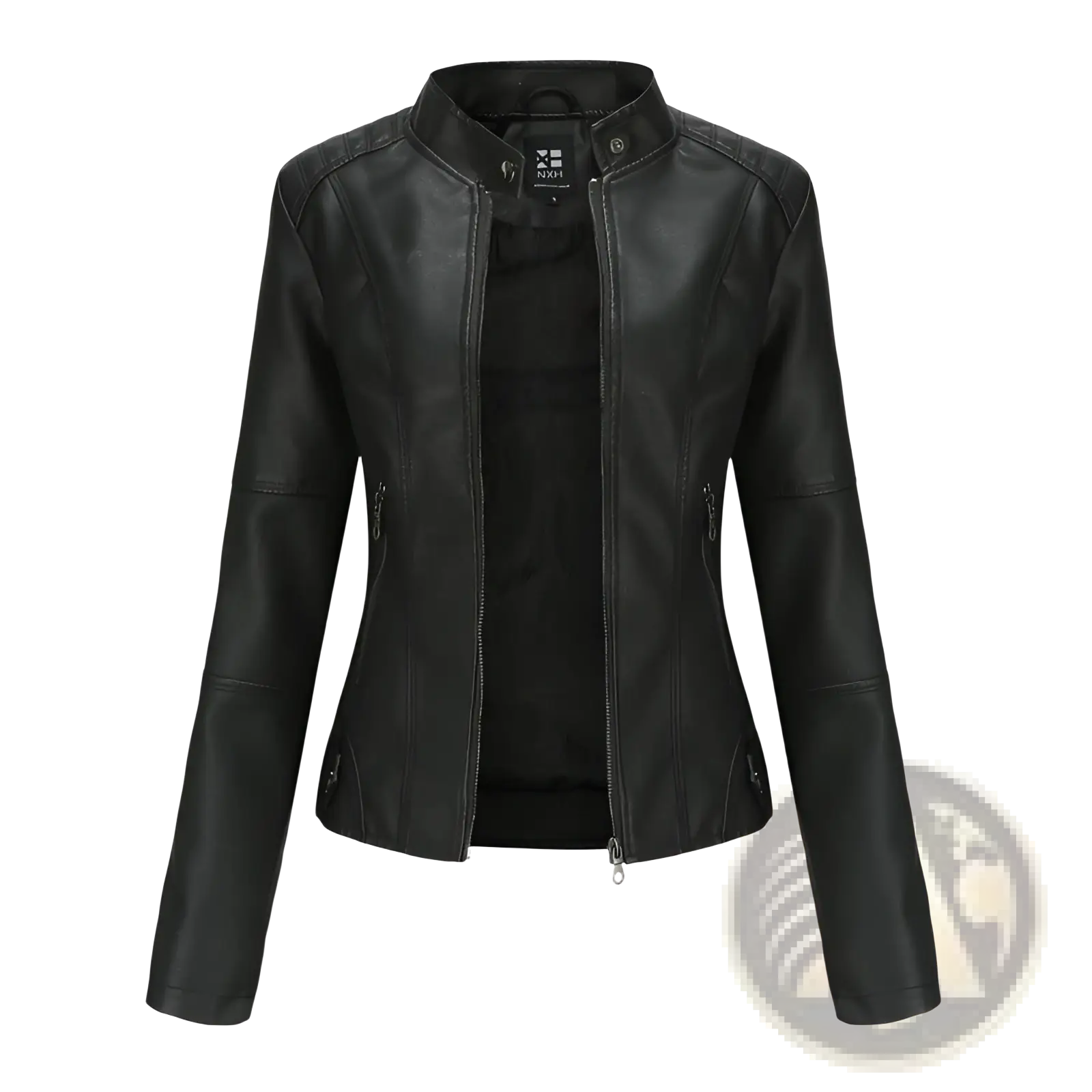 Black faux leather moto jacket with slim fit stand collar and zippered pockets for stylish outerwear use