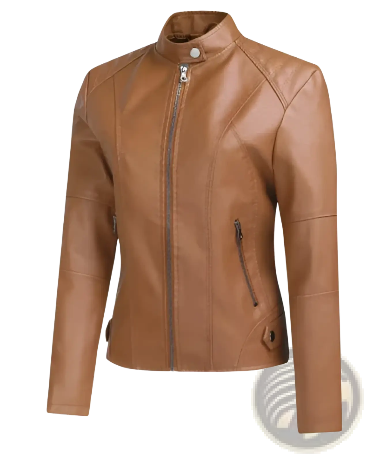 Tan faux leather moto jacket with slim fit, stand collar, front zipper, and two side zippered pockets