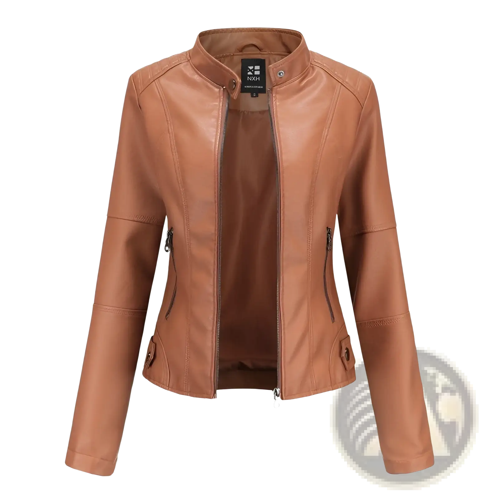 Tan faux leather moto jacket slim fit with stand collar and zippered pockets for a stylish outerwear option