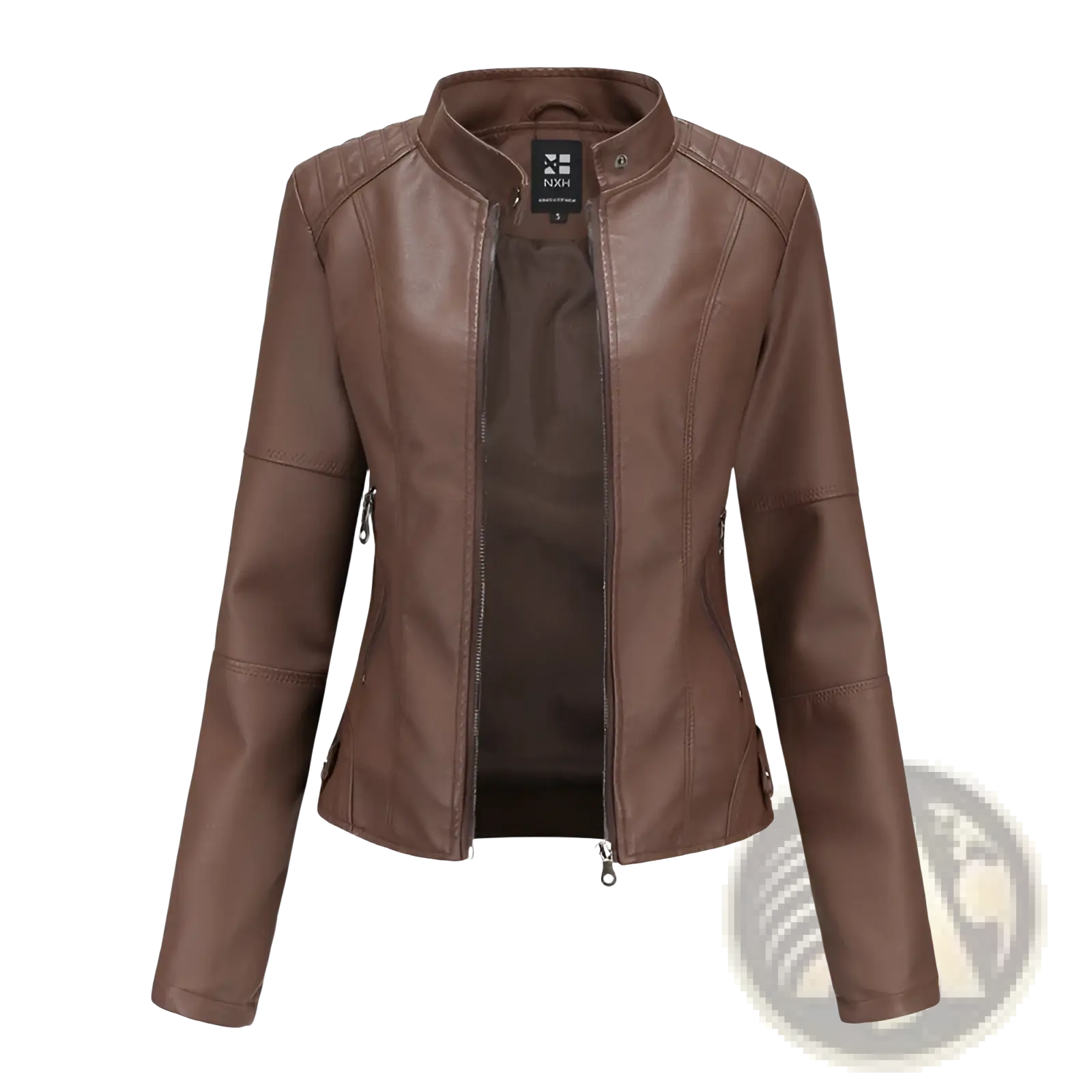 Brown slim fit faux leather moto jacket with stand collar and zippered pockets for stylish outerwear use