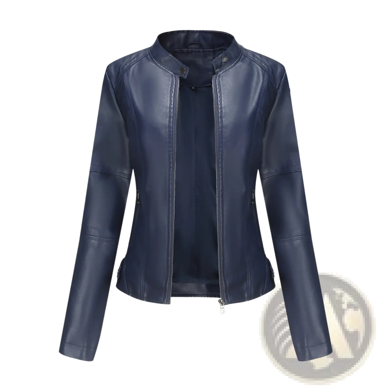Dark blue faux leather slim fit moto jacket with stand collar and front zipper for a stylish outerwear look