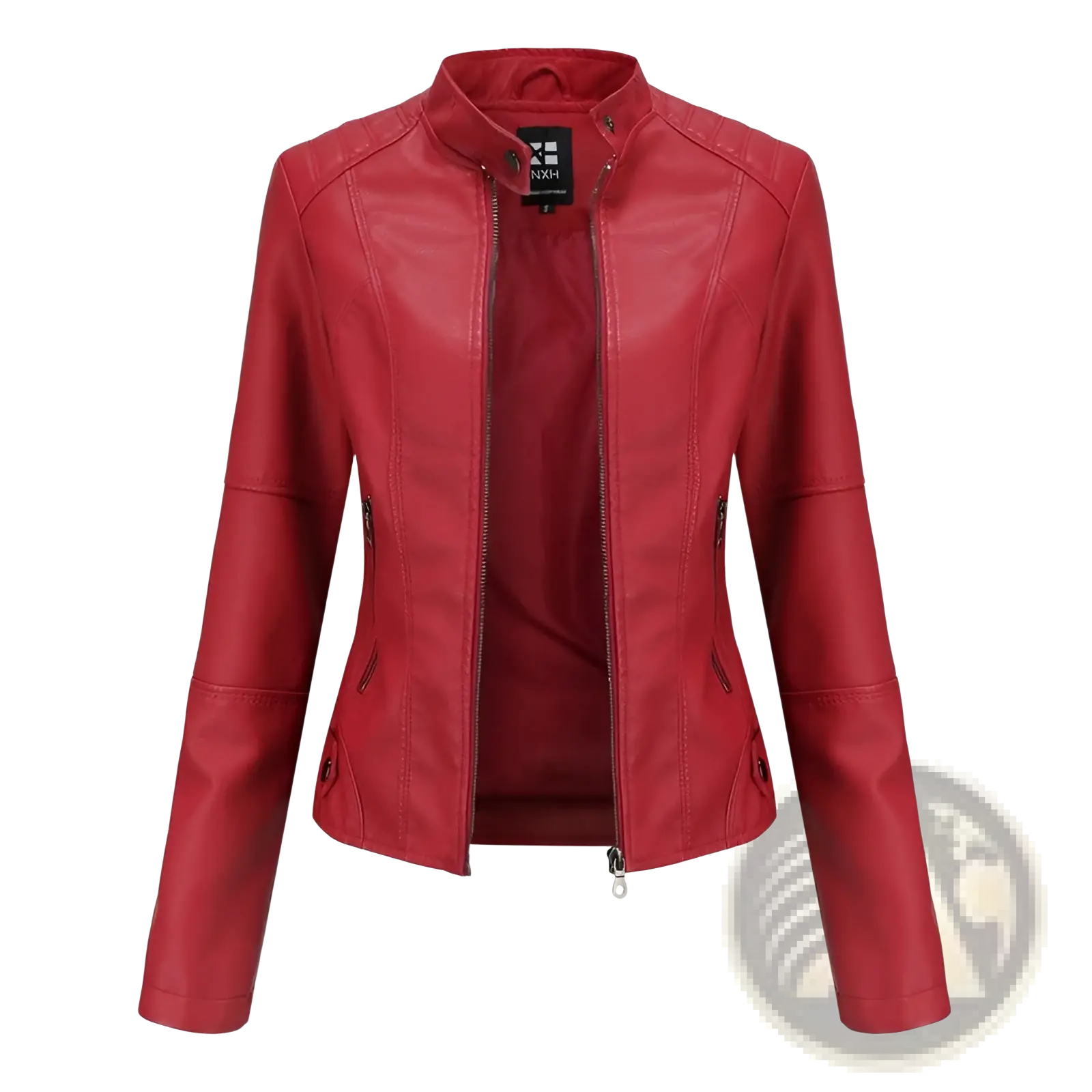 Red faux leather moto jacket with slim fit, stand-up collar, and zippered pockets for a stylish outerwear look