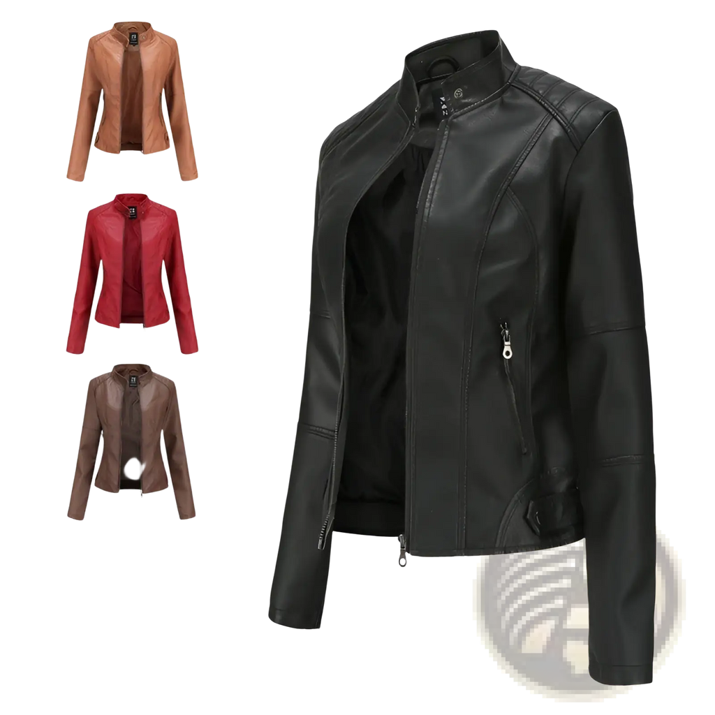 Black faux leather moto jacket with slim fit stand collar and zippered pockets for stylish outerwear use