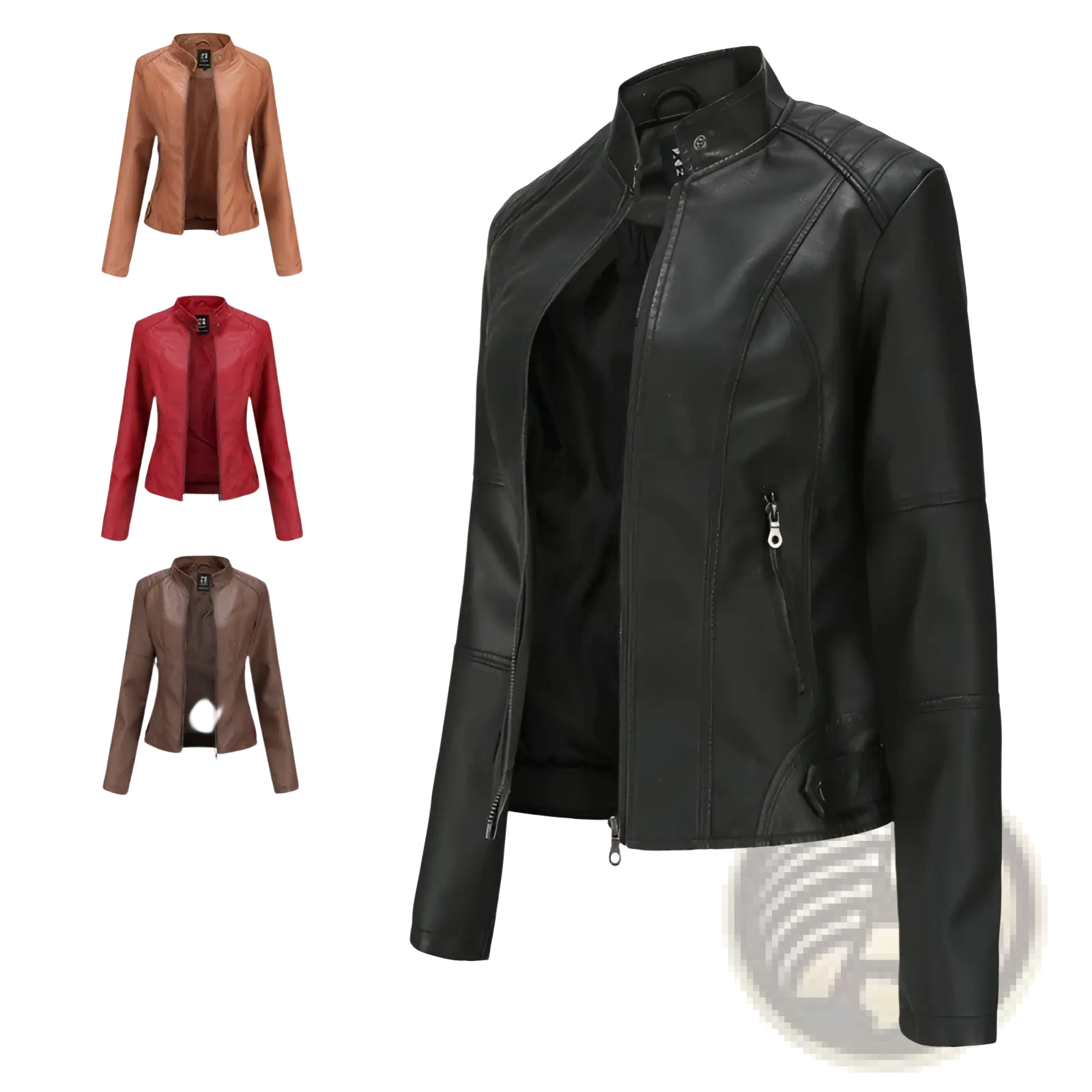 Black faux leather moto jacket with slim fit stand collar and zippered pockets for stylish outerwear use
