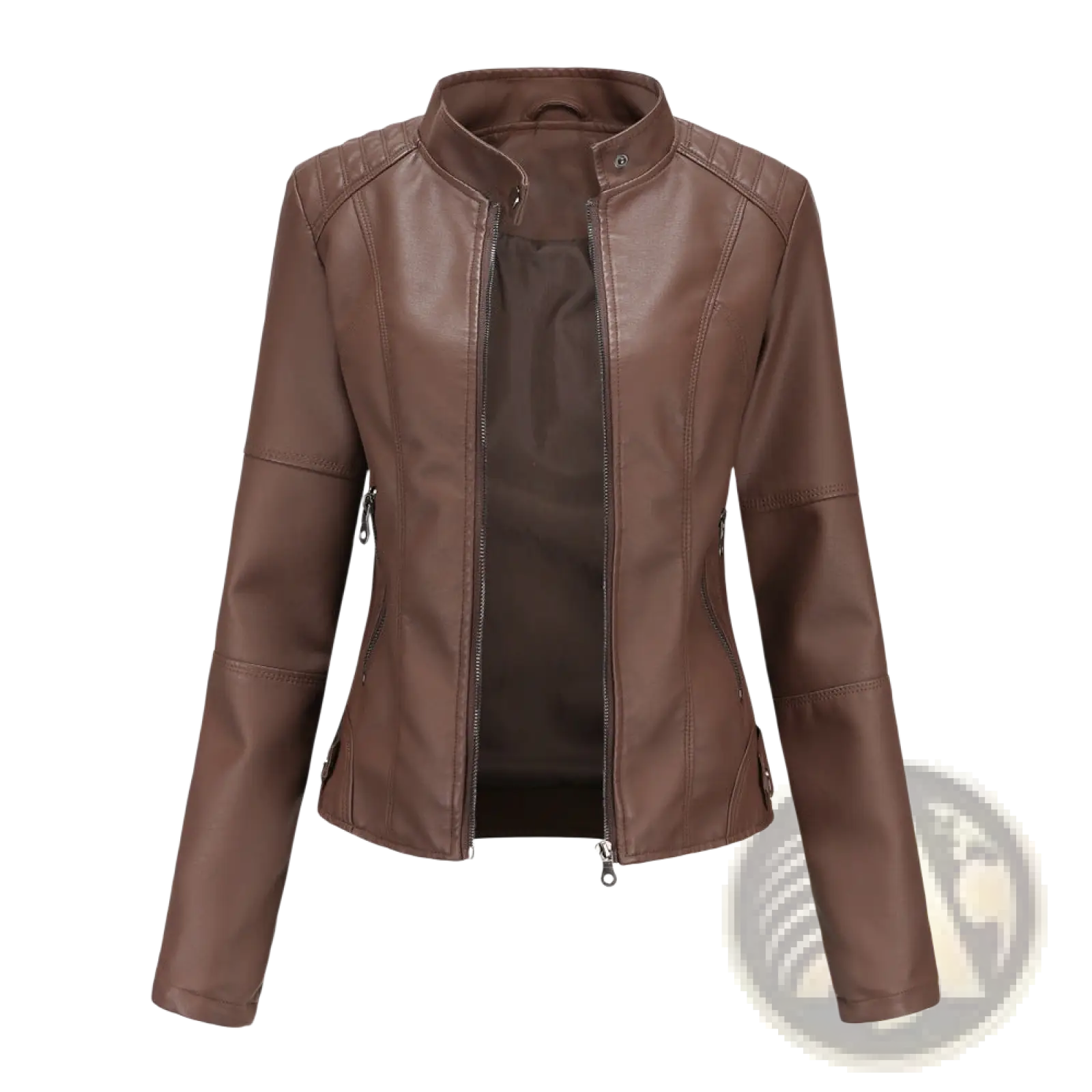 Brown faux leather moto jacket with slim fit, stand collar, and zippered pockets for a stylish look