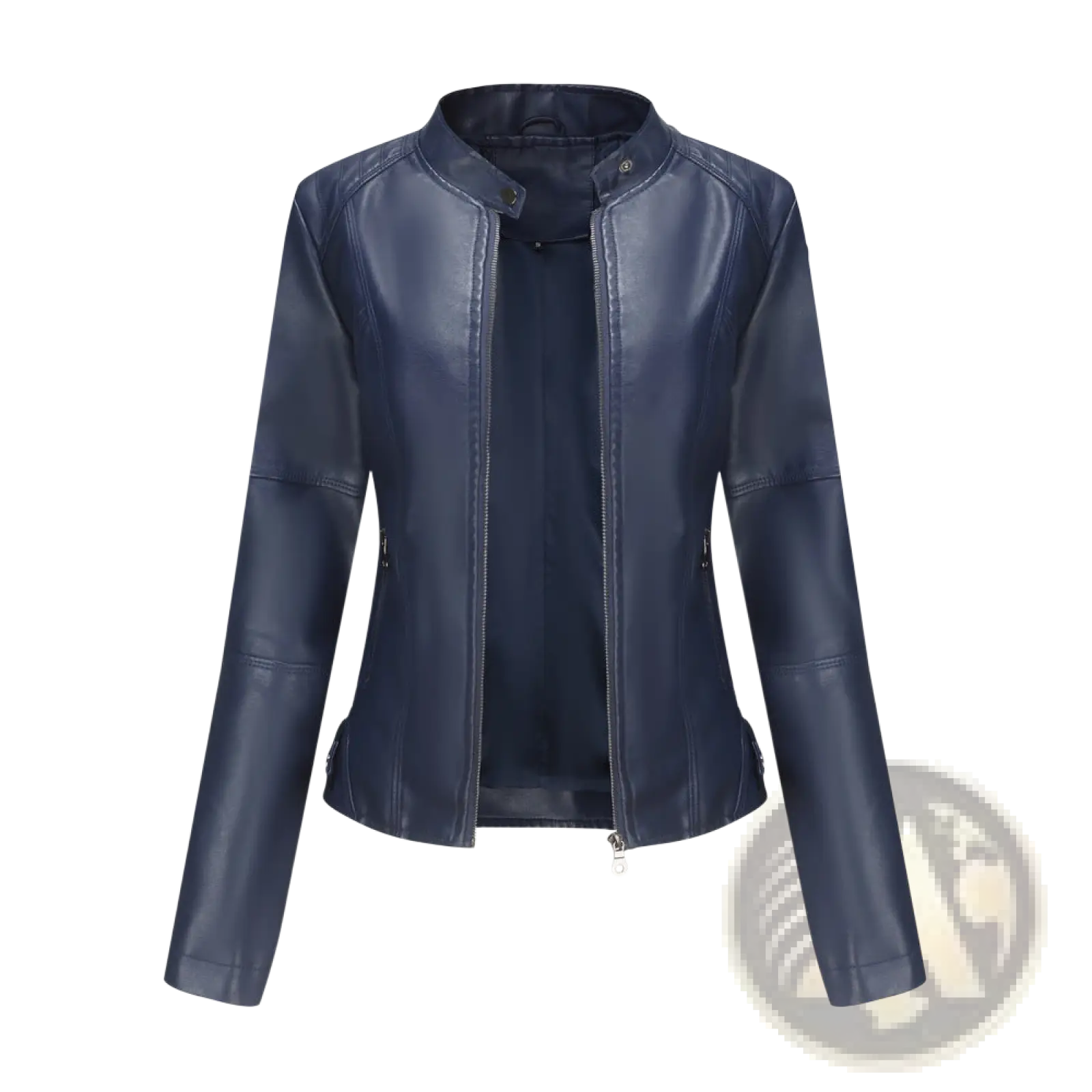 Navy blue faux leather moto jacket with slim fit stand collar and front zipper closure for a sleek look