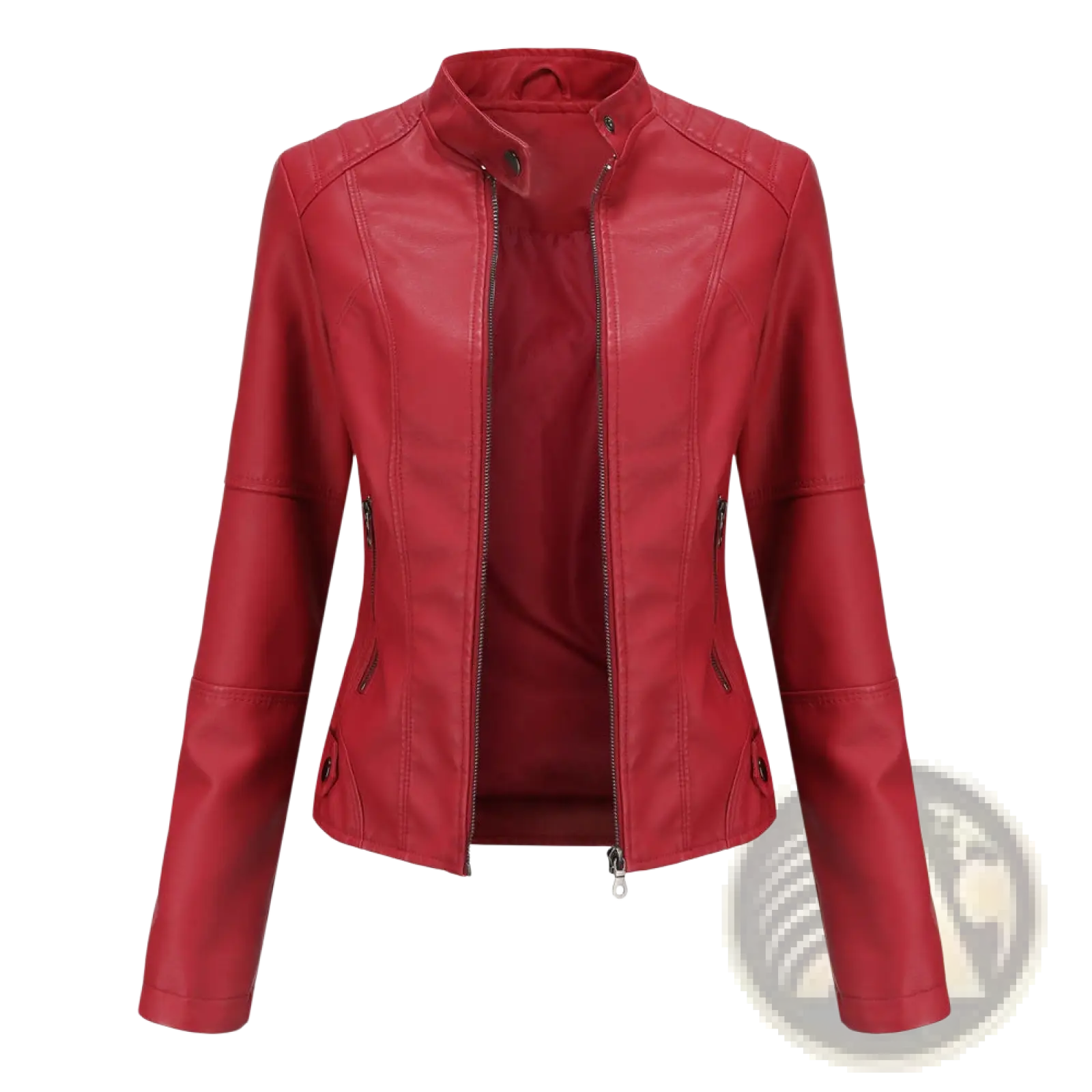 Red faux leather moto jacket slim fit with stand collar and front zipper for stylish outerwear