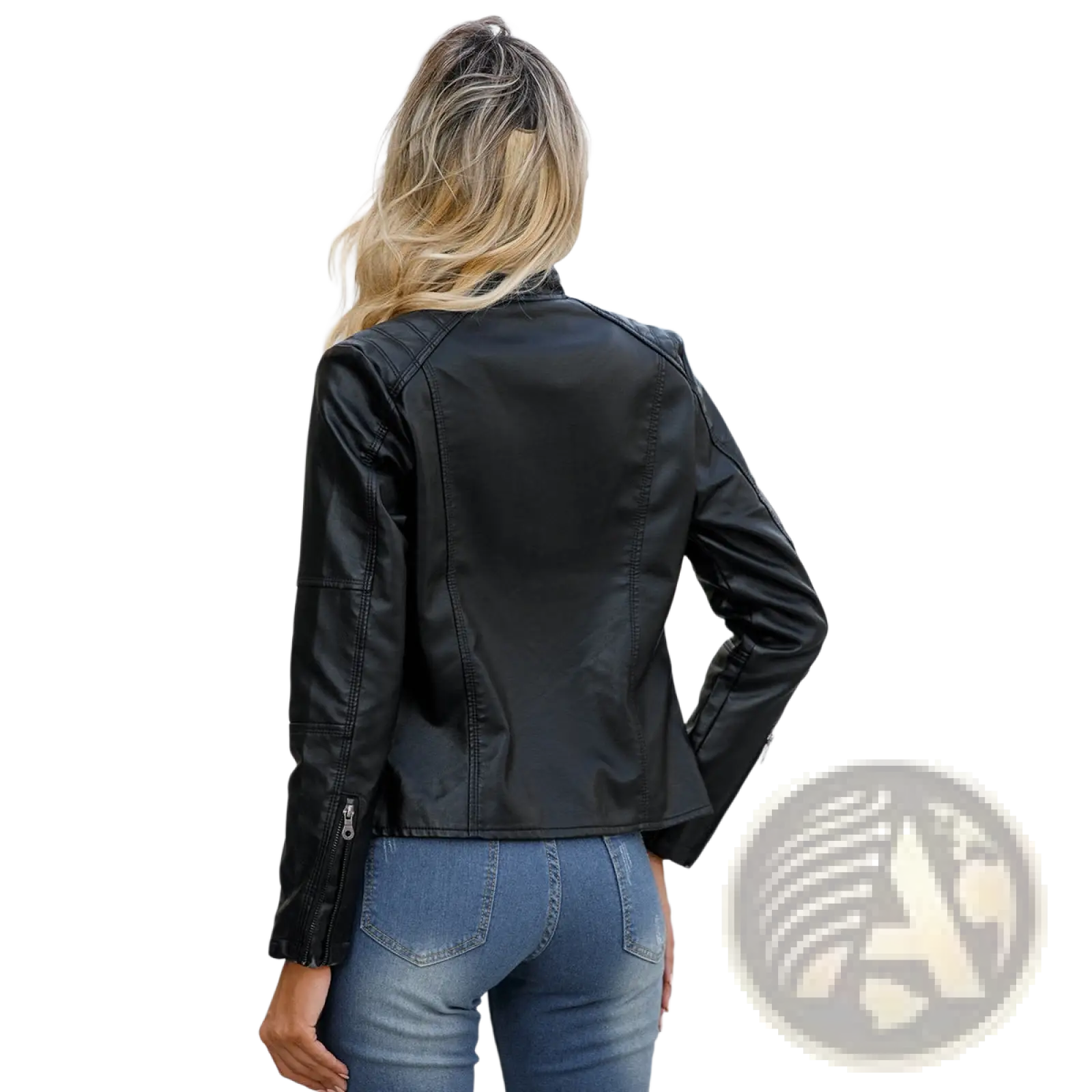 Black faux leather slim fit moto jacket with stand collar and zipper details on sleeves and back side
