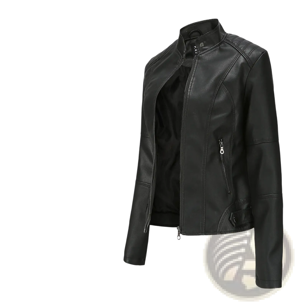 Black faux leather moto jacket with slim fit stand collar front zipper and zippered pockets for stylish outerwear