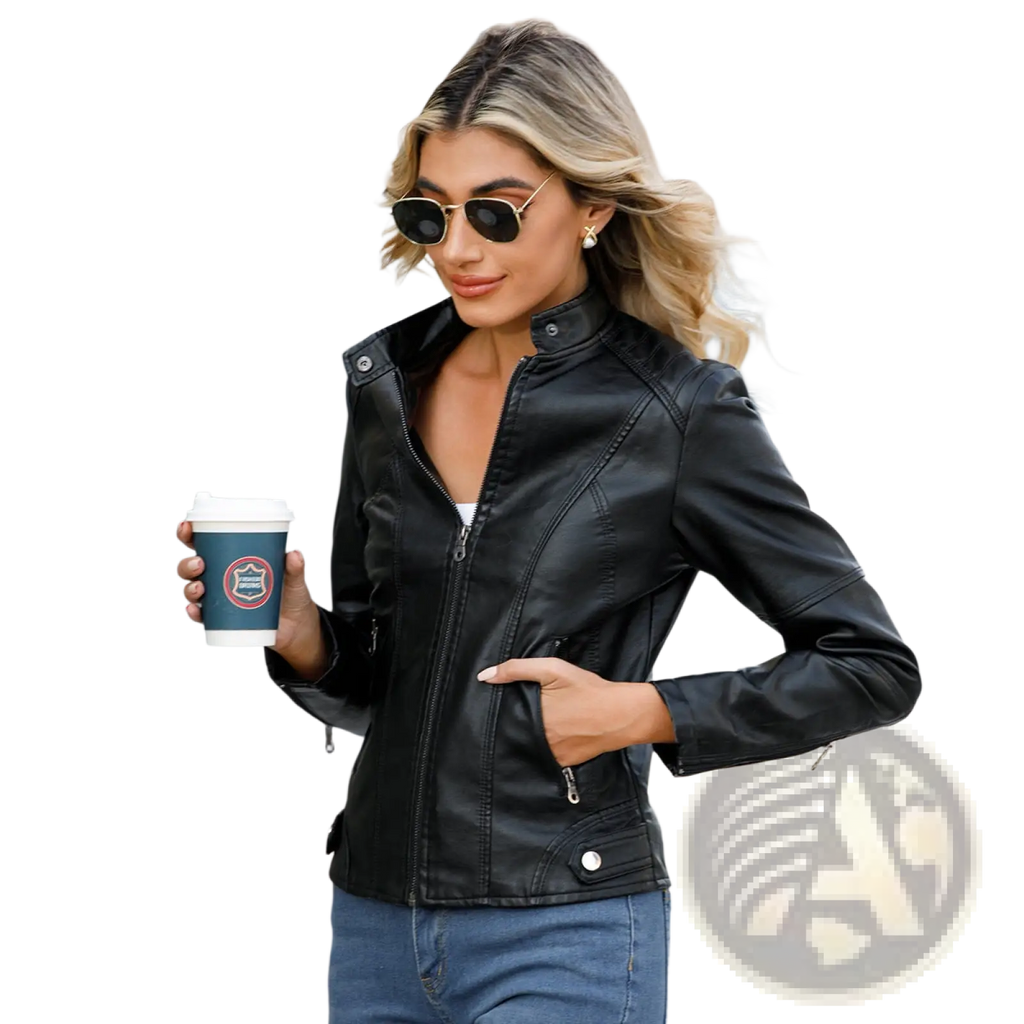 Black faux leather slim fit moto jacket with stand collar silver zippers and snap buttons front view