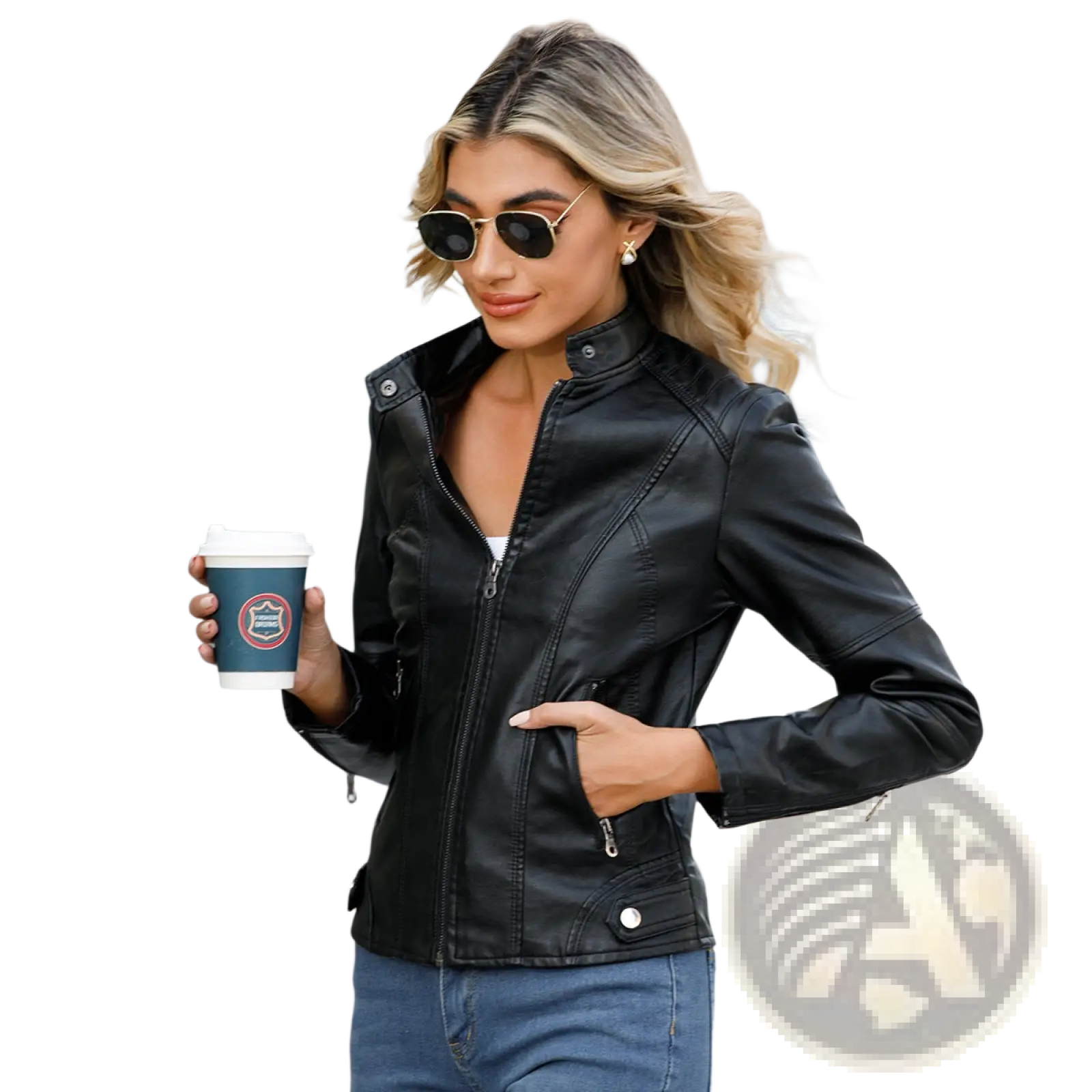 Black faux leather slim fit moto jacket with stand collar silver zippers and snap buttons front view