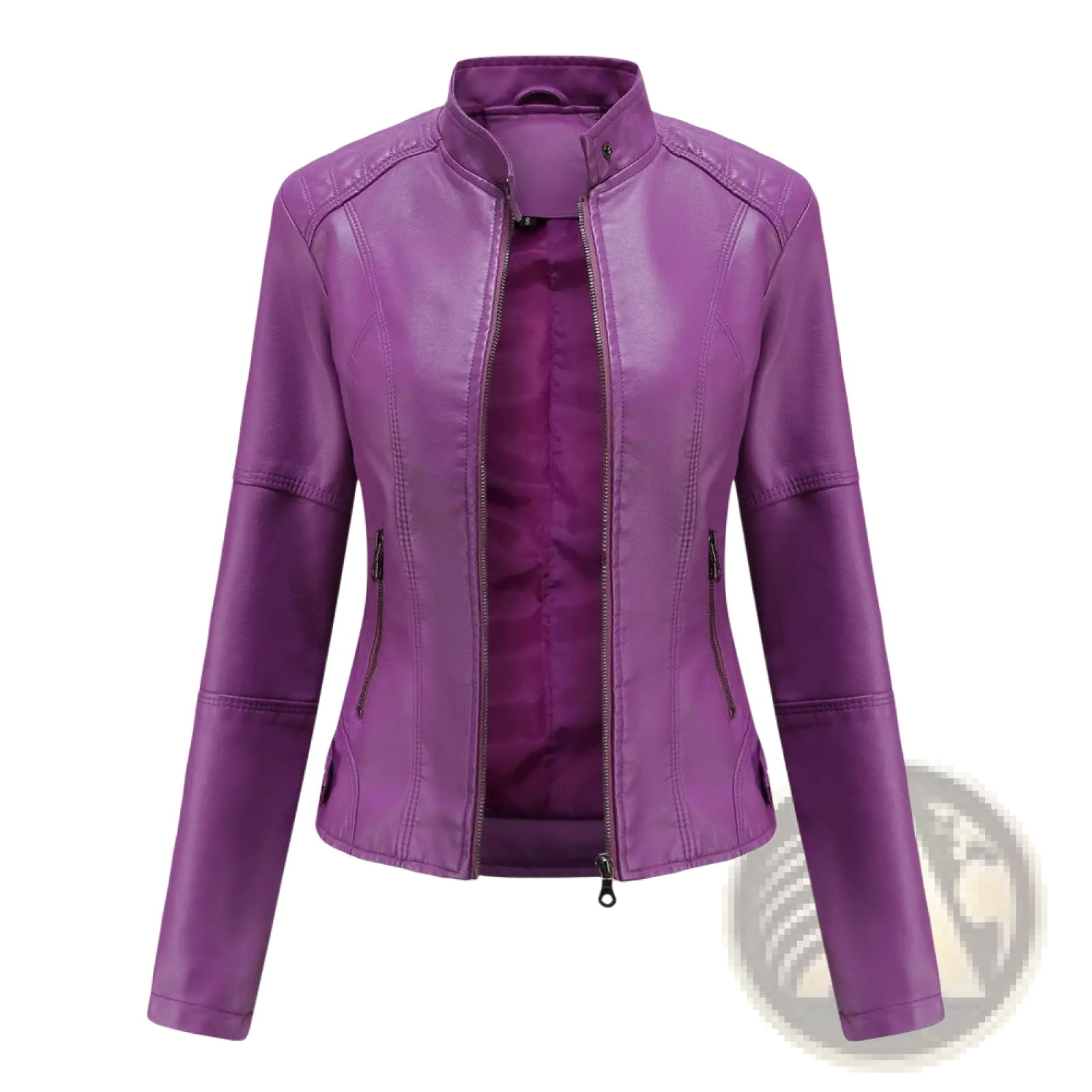 Purple faux leather moto jacket with a slim fit stand collar and zippered pockets for a sleek look