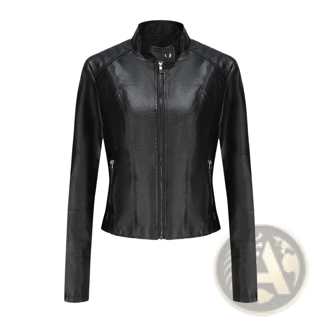 Black faux leather moto jacket with stand collar and front zipper for stylish outerwear looks