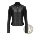 Black faux leather moto jacket with stand collar and front zipper for stylish outerwear looks