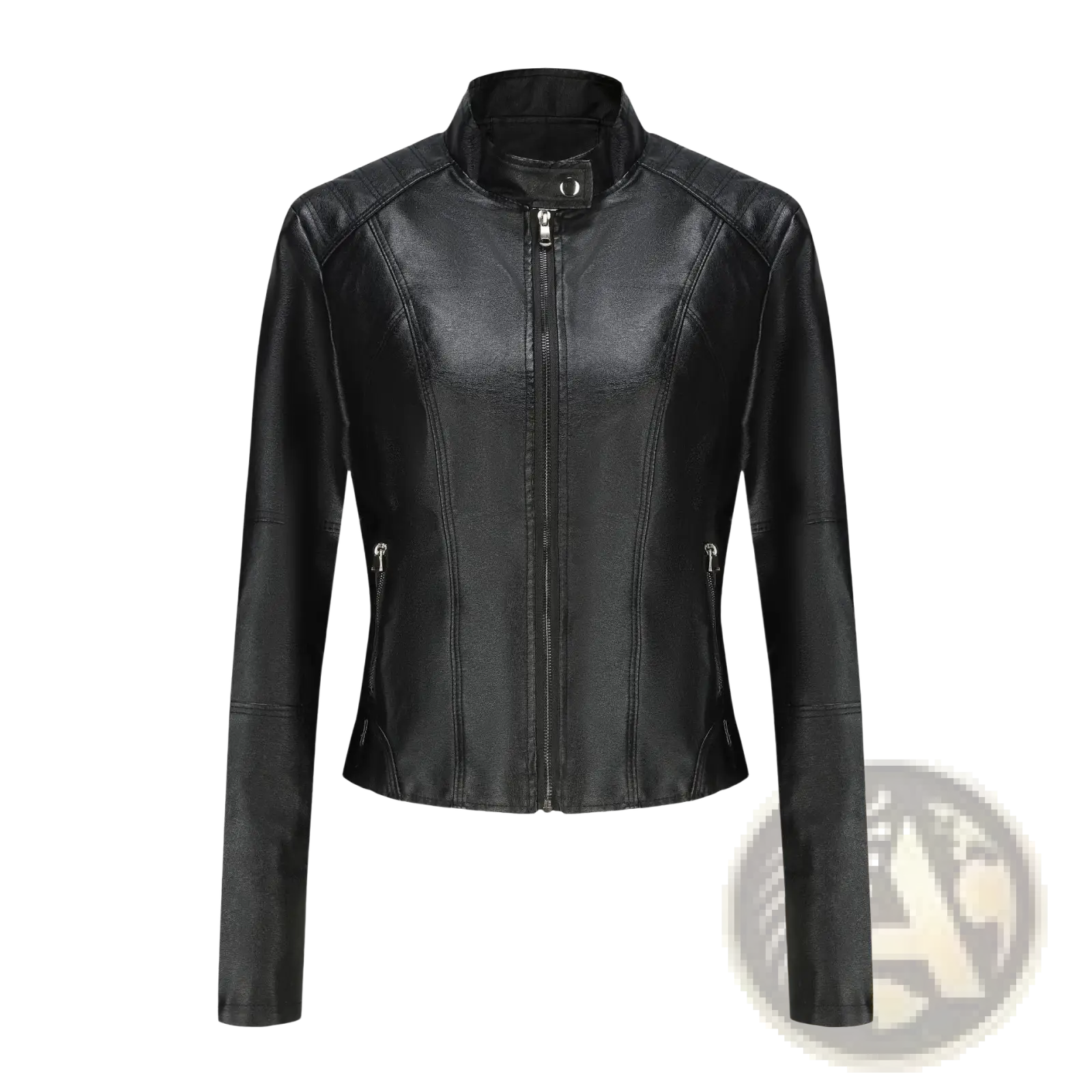 Black faux leather moto jacket with stand collar and front zipper for stylish outerwear looks