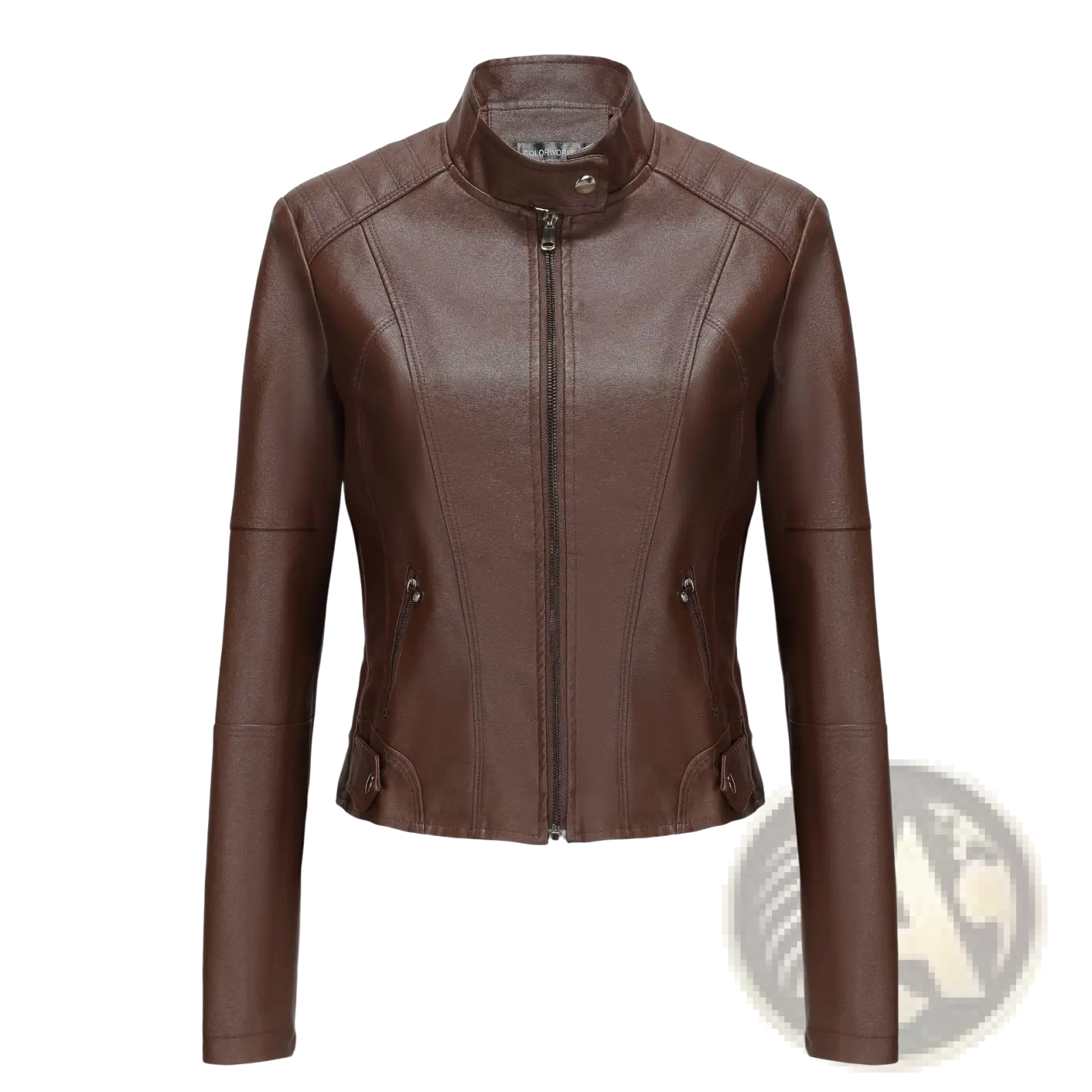 A sleek chocolate-brown faux leather moto jacket with a stand collar and zippered pockets