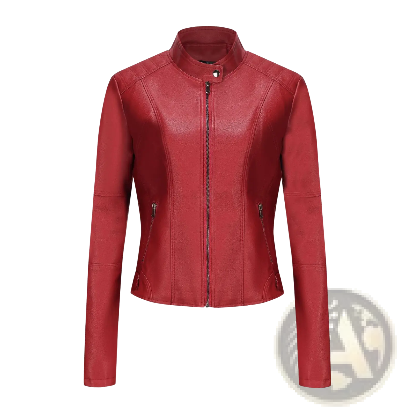 A sleek vibrant red faux leather moto jacket with a stand collar and front zipper closure
