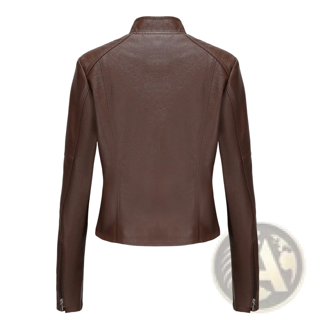 Brown faux leather moto jacket with stand collar featuring sleek fitted design and subtle stitching details