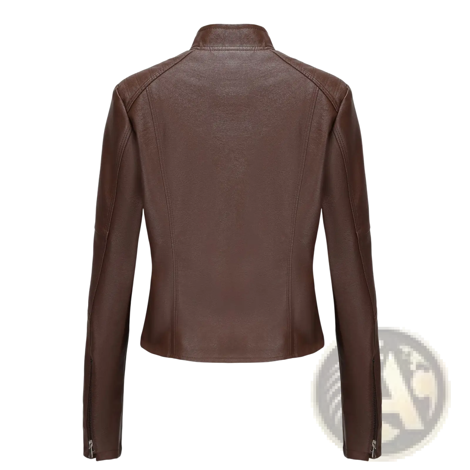 Brown faux leather moto jacket with stand collar featuring sleek fitted design and subtle stitching details