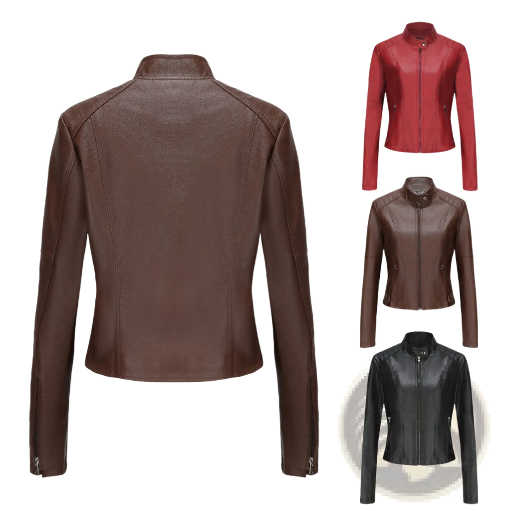 Brown faux leather moto jacket with stand collar and front zipper for a stylish and durable outerwear option