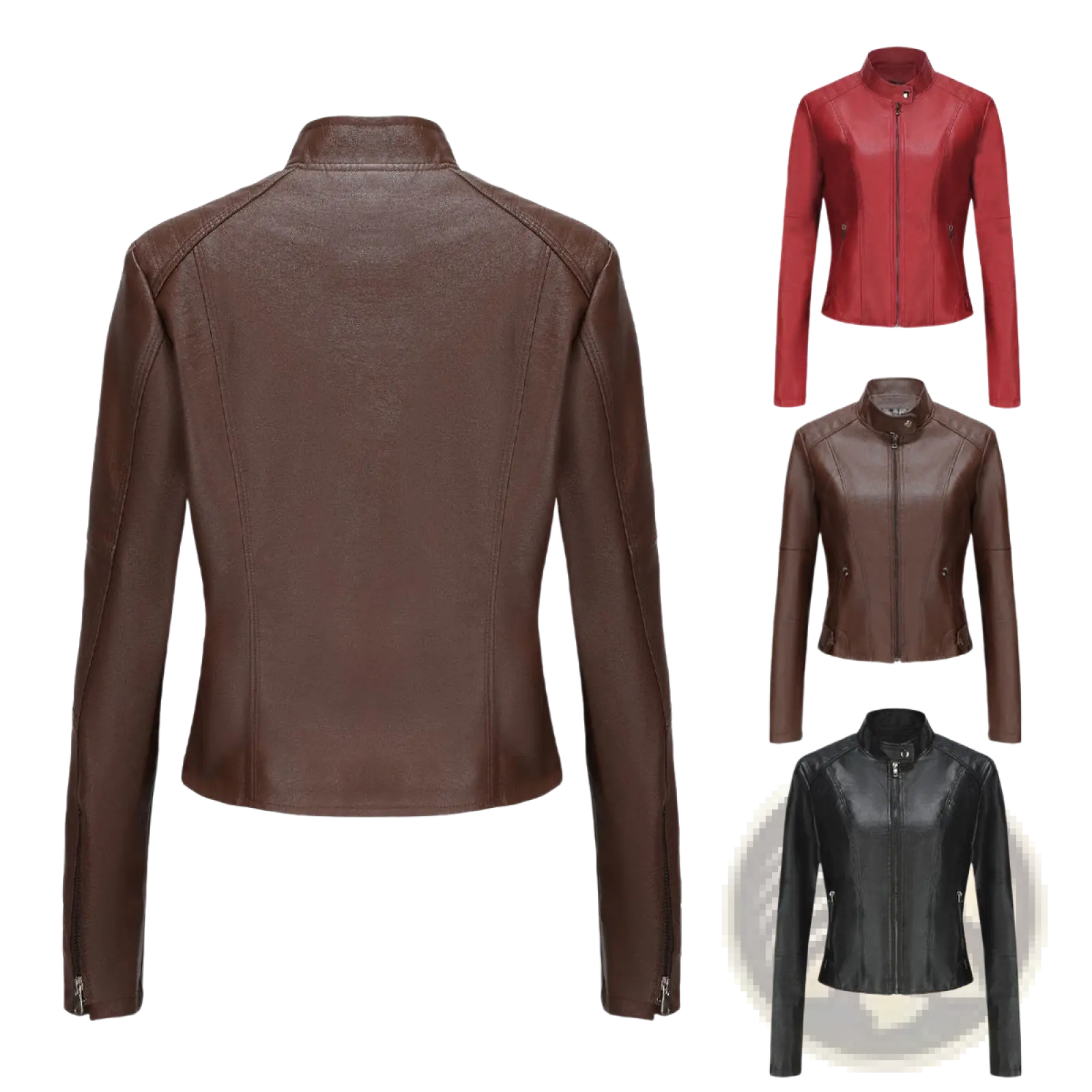 Brown faux leather moto jacket with stand collar and front zipper for a stylish and durable outerwear option
