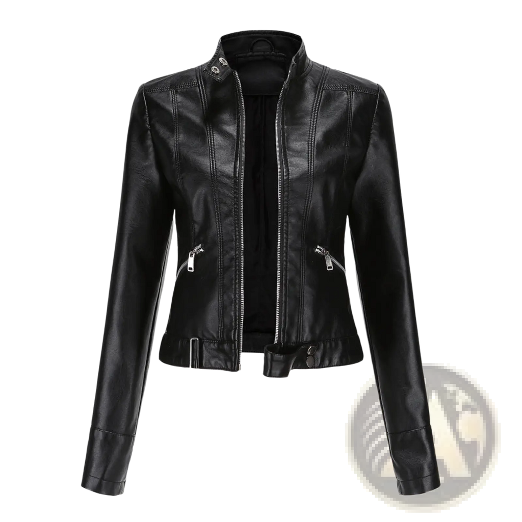 Black faux leather moto jacket with stand-up collar silver zippers and cropped fit shown from the back side