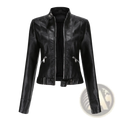 Black faux leather moto jacket with stand-up collar silver zippers and cropped fit shown from the back side