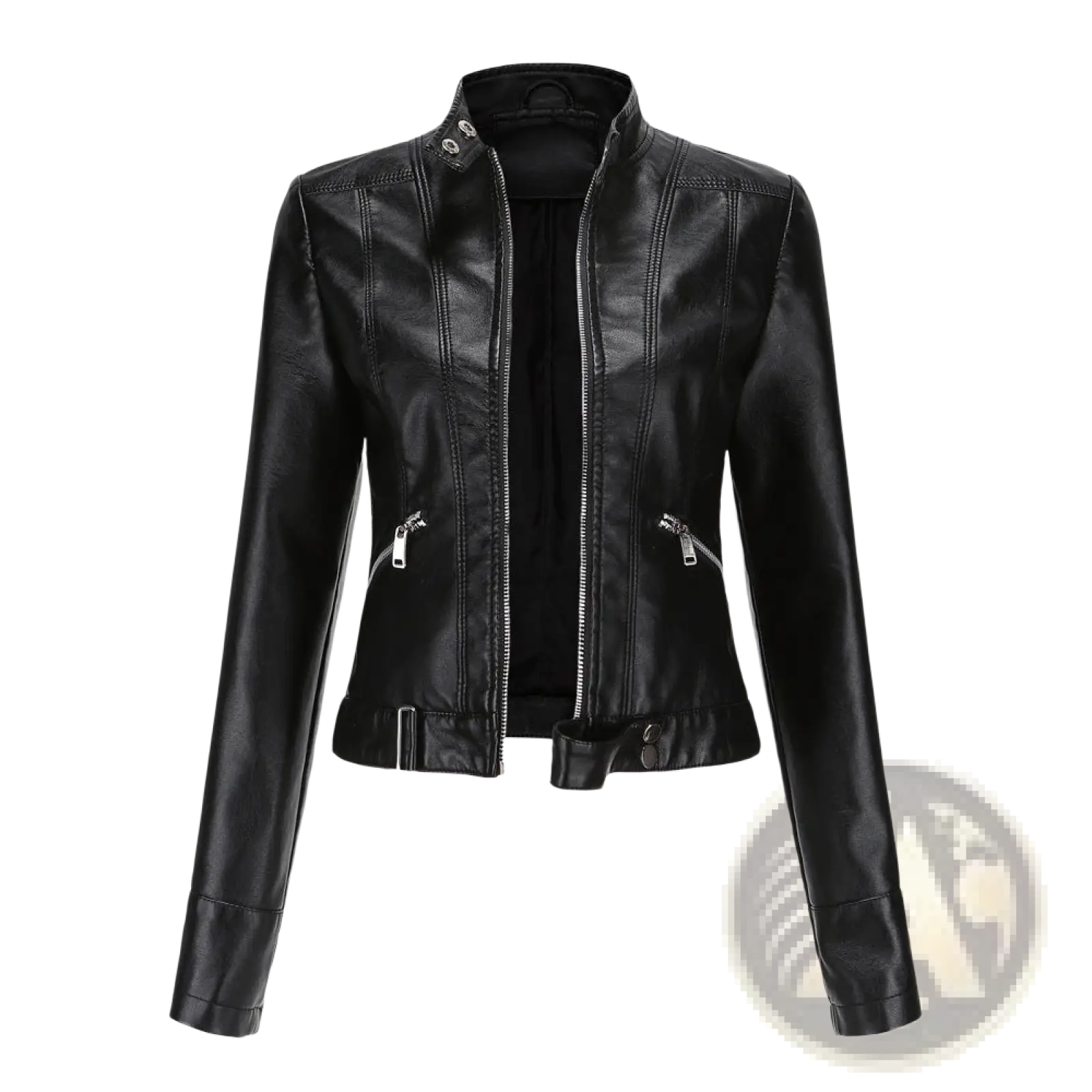 Black faux leather moto jacket with stand-up collar silver zippers and cropped fit shown from the back side