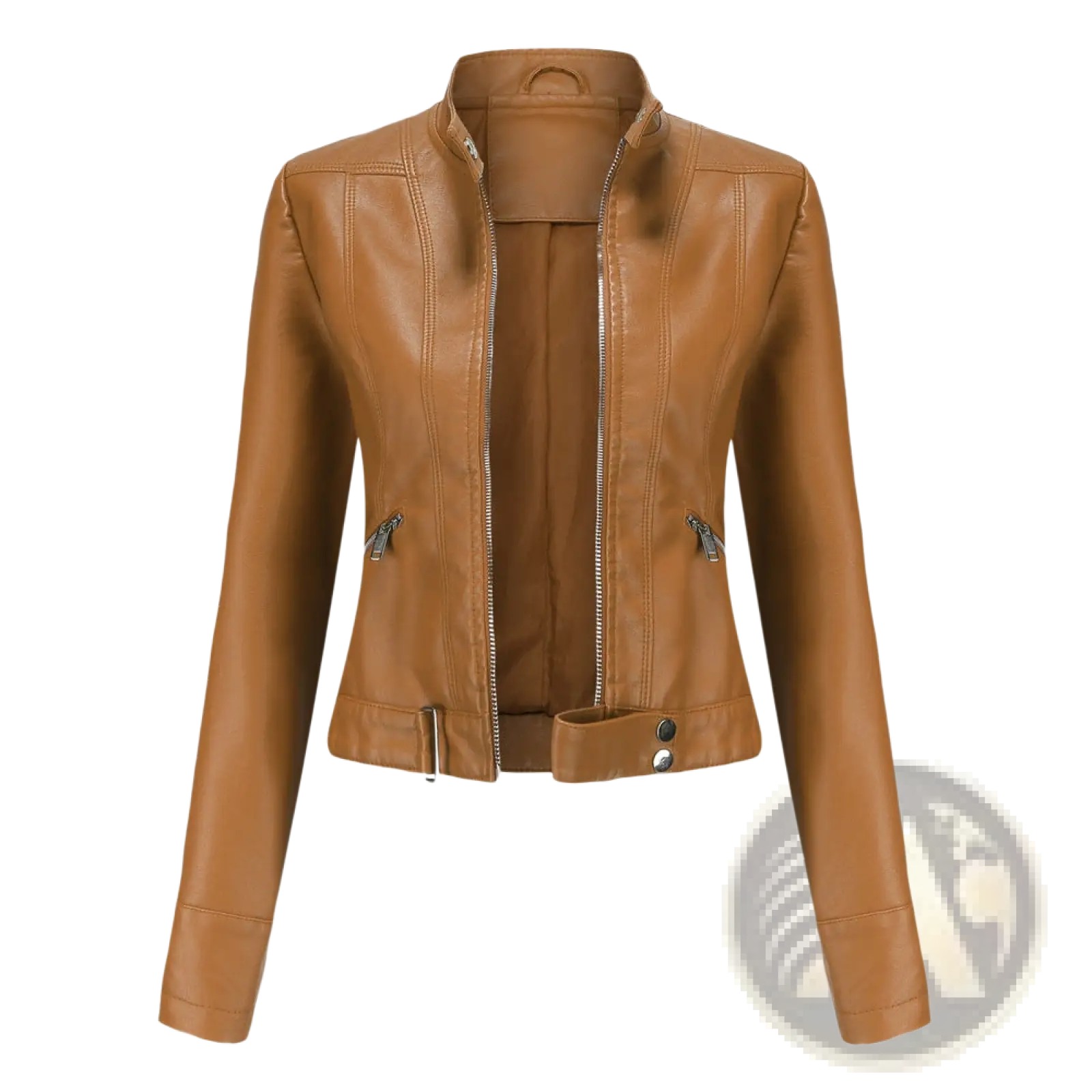 Tan faux leather moto jacket with stand-up collar silver zippers and buttoned waistband shown from the back side