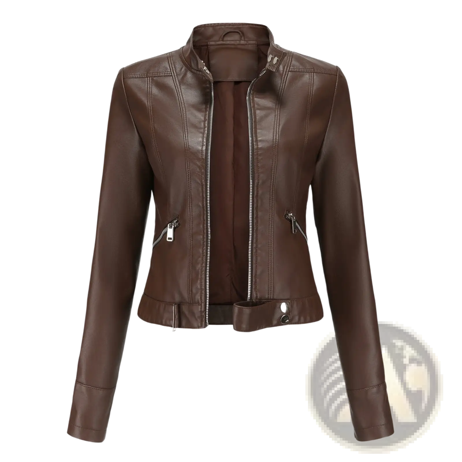 Brown faux leather moto jacket with silver zippers and stand-up collar in a cropped fit shown from the front
