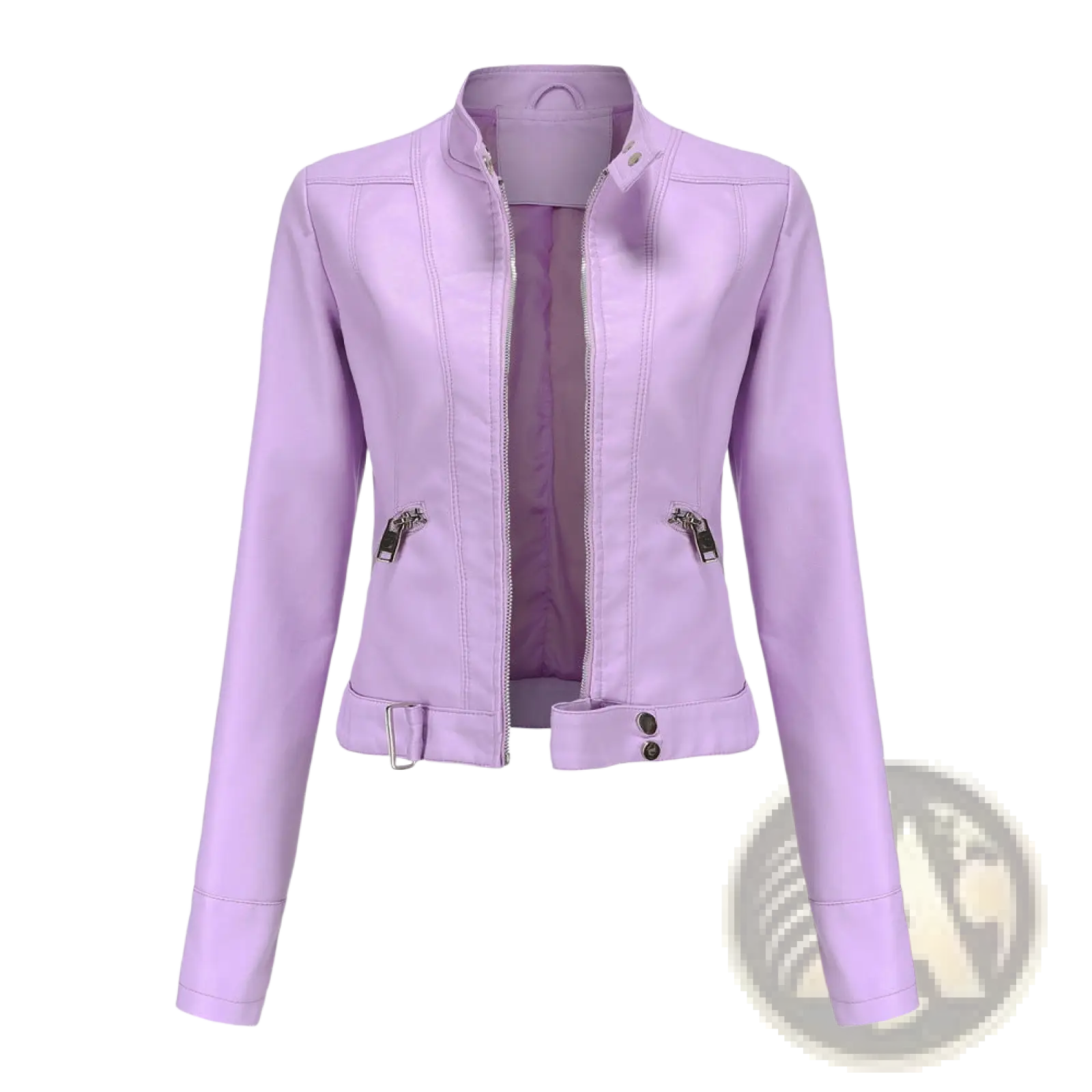 Lavender faux leather moto jacket with stand-up collar, front zipper closure, and two side pockets