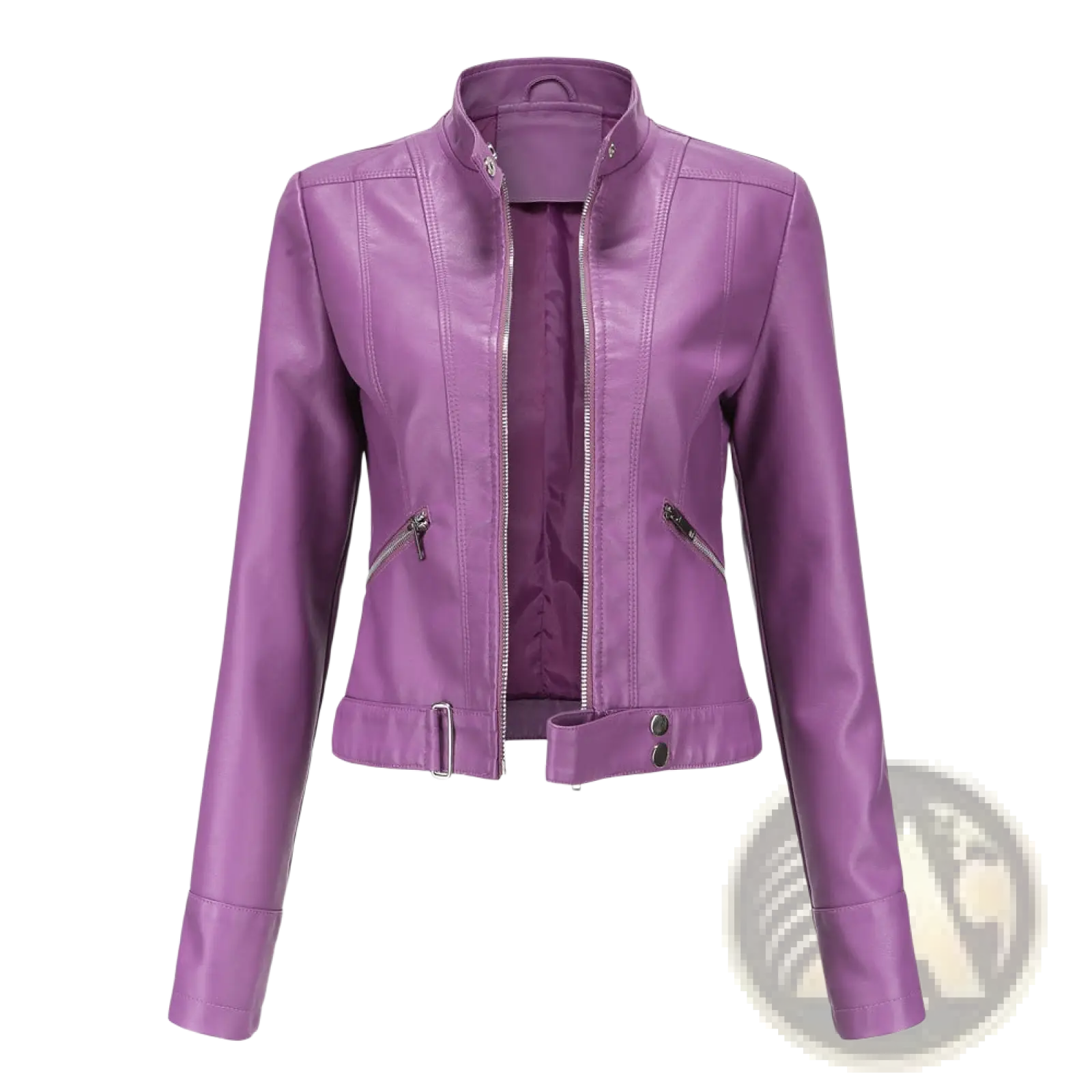 Purple faux leather moto jacket with stand-up collar silver zippers and belted waist shown from the front