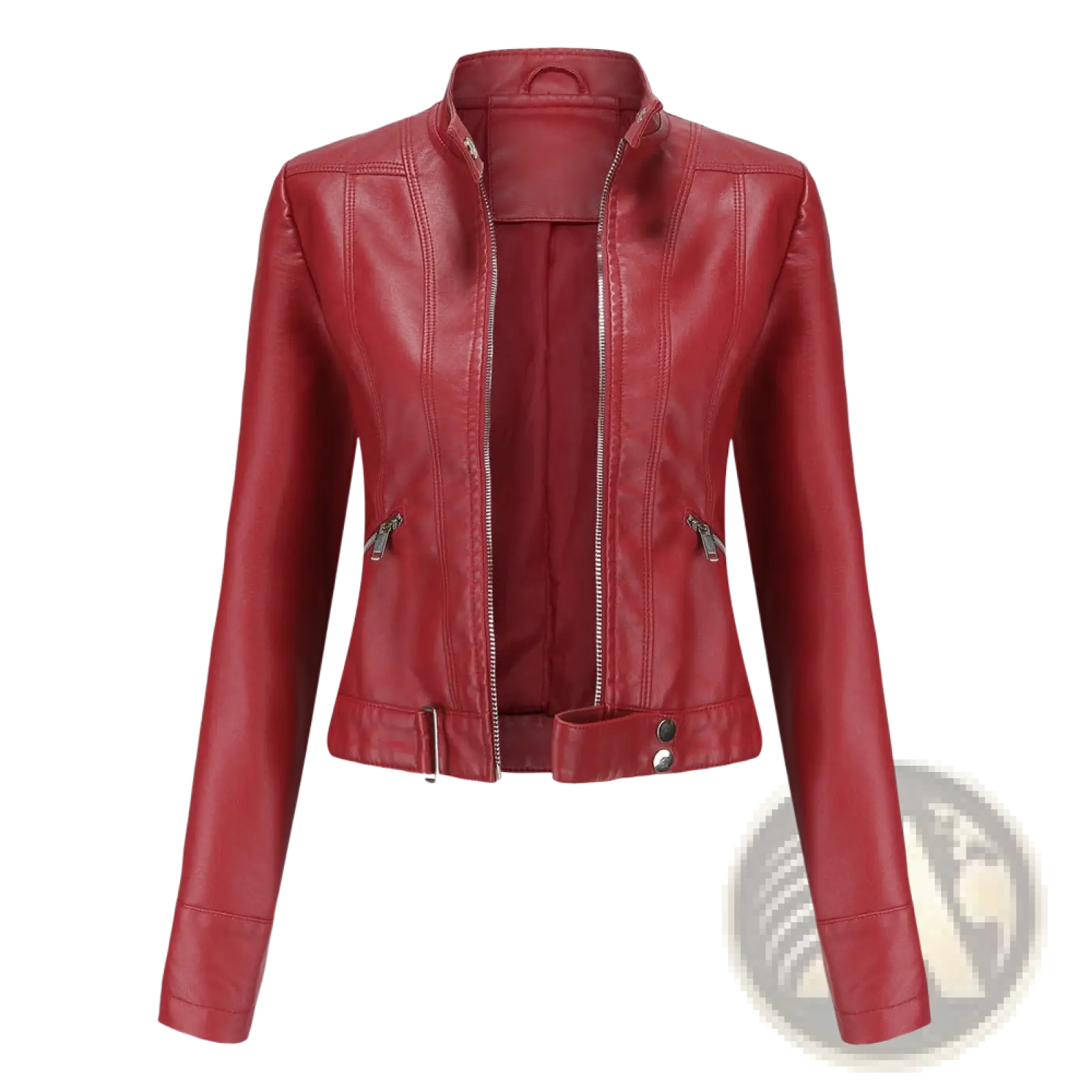 A sleek vibrant red faux leather moto jacket with stand-up collar and silver zippers for stylish wear
