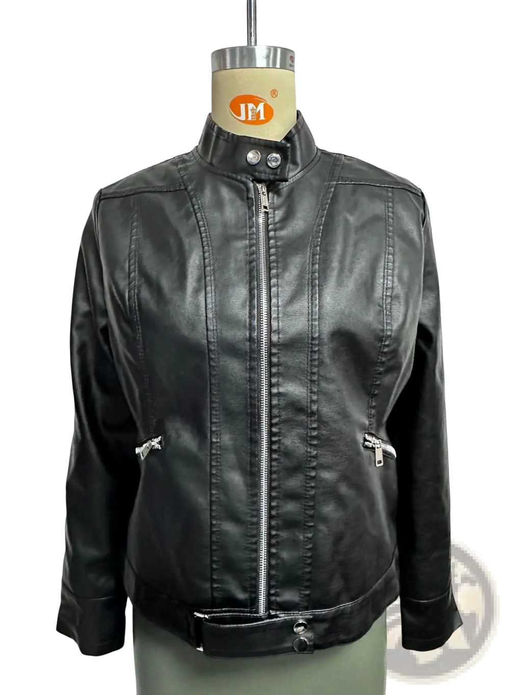 Black faux leather moto jacket with stand-up collar featuring silver zippers and snap buttons