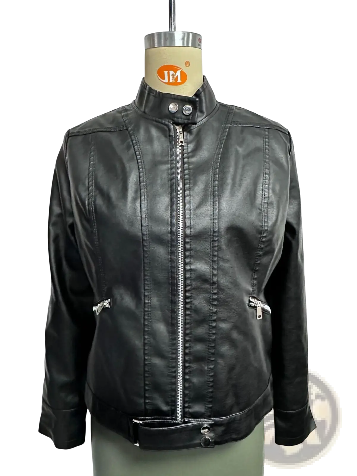 Black faux leather moto jacket with stand-up collar featuring silver zippers and snap buttons