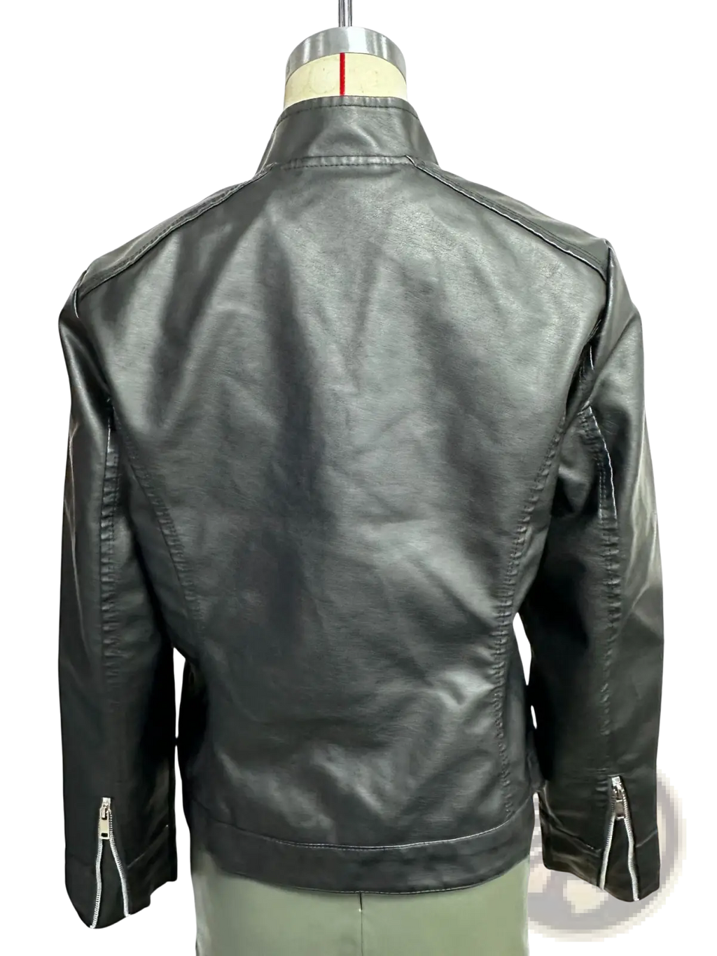 Faux leather moto jacket in black with silver zippers on sleeves and front and a stand-up collar