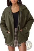 Olive green faux leather plus size women’s bomber jacket with relaxed fit and elastic cuffs for motorcycle style
