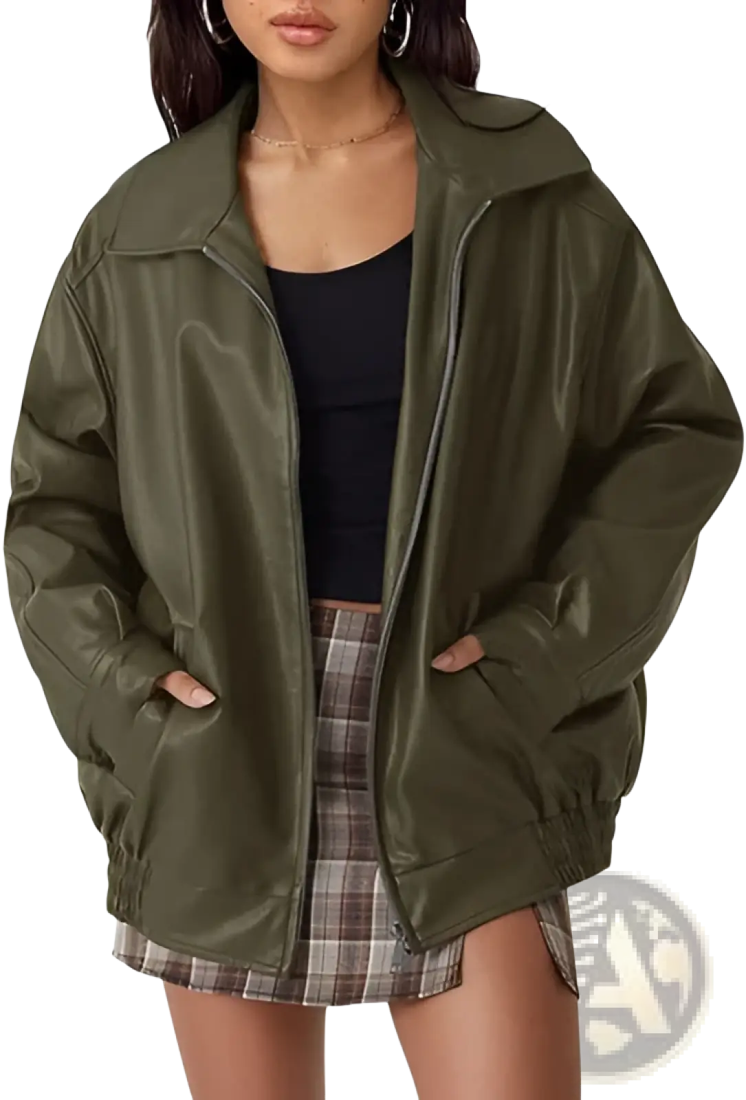 Olive green faux leather plus size women’s bomber jacket with relaxed fit and elastic cuffs for motorcycle style